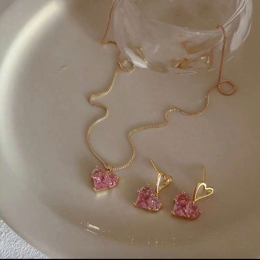 Gold and Pink Heart Shaped Stone Earrings and Necklace Set